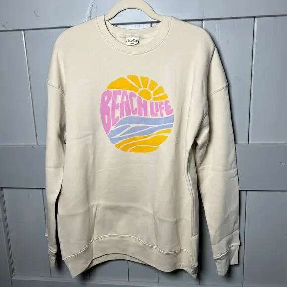 Oat Collective Beach Life Cream Graphic Sweatshirt Large NEW - Picture 1 of 6